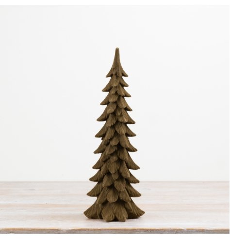 35.5cm resin decorative tree with carved wood texture and a smooth flocked surface finish.