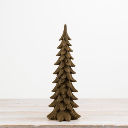 A 35.5cm resin decorative tree featuring a carved wood effect design with a soft flocked finish