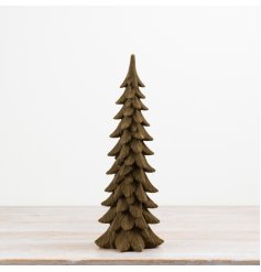 A 35.5cm resin decorative tree featuring a carved wood effect design with a soft flocked finish