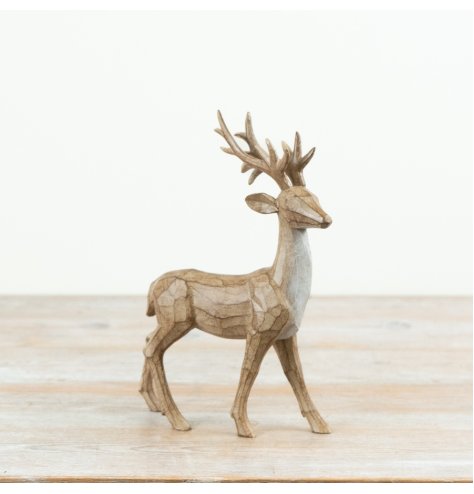 26.5cm resin stag with a carved wood-effect finish and elegant faceted details.