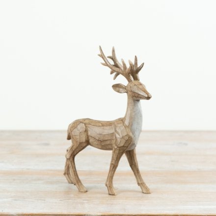 A 26.5cm resin stag featuring a carved wood-effect finish with faceted detailing.