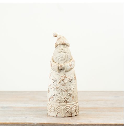Charming Santa ornament in soft distressed cream, showcasing a beautifully detailed, vintage-inspired design.