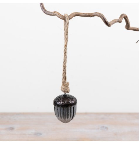 6cm acorn bell with textured metal finish and natural jute hanger for hanging.