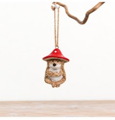 Delightful red and white hedgehog with mushroom topper and jute hanger