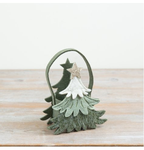 Festive tree-shaped felt bag in soothing green and white, layered design with a touch of subtle glitter.