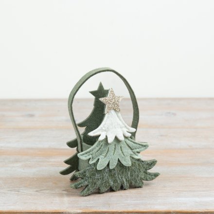 Festive tree-shaped felt bag in soothing green and white hues, featuring a soft, layered design with subtle sparkle.