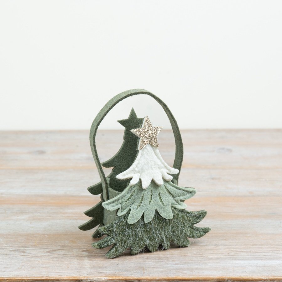 A charming tree-shaped felt bag designed to add a soft, festive touch to seasonal displays.