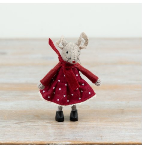 Mouse ornament wearing a dress and scarf, bringing a whimsical, cozy touch to your decor.