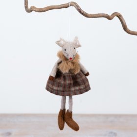 Crafted from mixed textiles, this hanging mouse ornament showcases a rich tartan skirt