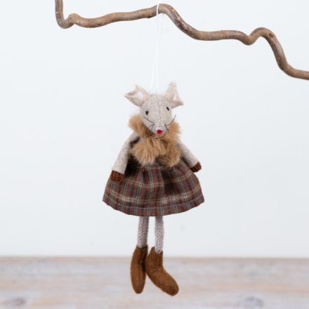 15cm Decorative Hanging Mouse with Tartan Dress