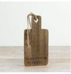 "Whats For Pudding" wooden board brings a charming rustic heart detail to your kitchen decor.