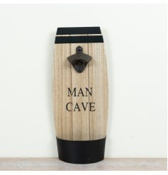 Give your man cave a rustic touch with this chic wood and iron bottle opener sign.
