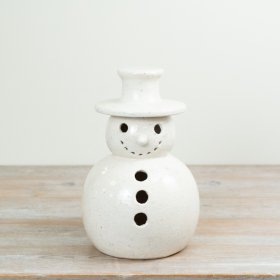 Ssnowman ornament is crafted from stoneware and finished with a subtle crackle glaze that adds texture and character. 