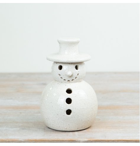 Stoneware snowman decoration featuring a soft crackle-effect finish and classic winter design