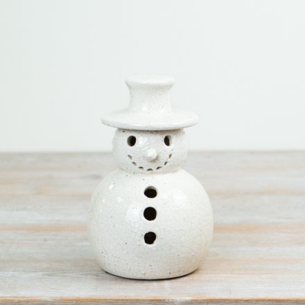 Stoneware snowman decoration featuring a soft crackle-effect finish and classic winter design