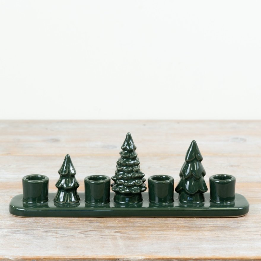 29.6cm Dark Green Wooden Tree Candle Holder