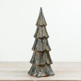 A tall and eye-catching ceramic Christmas tree finished in a rich rustic green glaze with textured tiered detailing