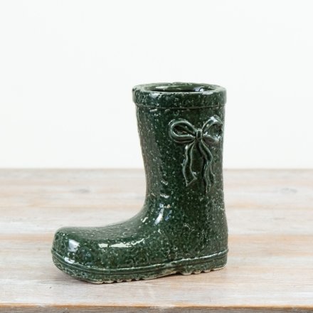 Green Welly Boot Ceramic Vase