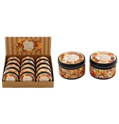 Embrace autumn’s cozy charm with these charming wax candles in a tin.