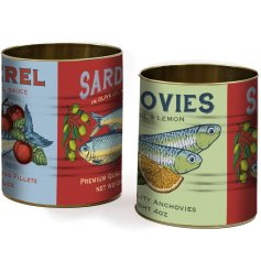 Stay organized and chic with the set of 2 Tinned Fish Storage Tins for your kitchen.
