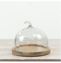 Stylish cake stand featuring a natural wood base and a transparent glass dome to display your cakes beautifully.