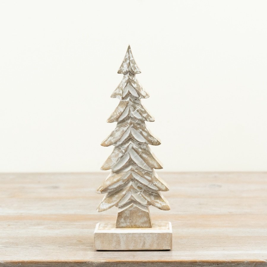 Bring a calm, rustic festive feel to displays with this carved wooden tree decoration