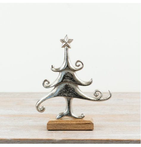 Stylish Tree on Base sculpture blending silver aluminum with authentic natural wood.