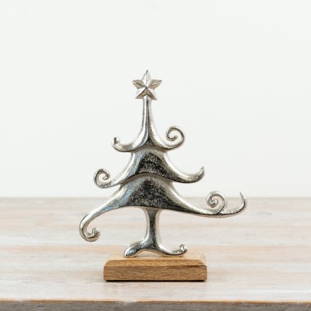 Stylish Tree on Base sculpture blending silver aluminum with authentic natural wood.