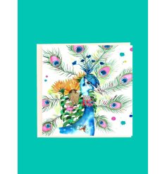 Charming greeting card featuring a beautiful peacock design.