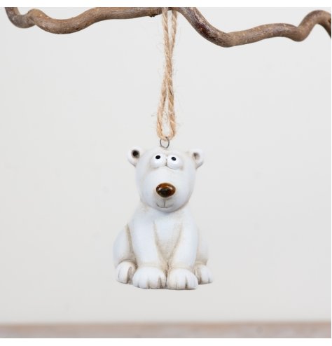 Playful polar bear ornament to hang on your tree.