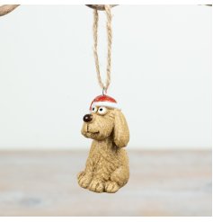A fun, festive hanging dog decoration with a textured stone-effect finish and red Santa hat. 