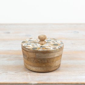 Delightful wooden trinket jar featuring a classic sunflower design