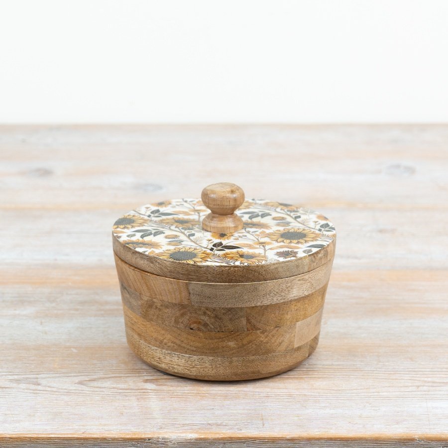 Delightful wooden trinket jar featuring a classic sunflower design