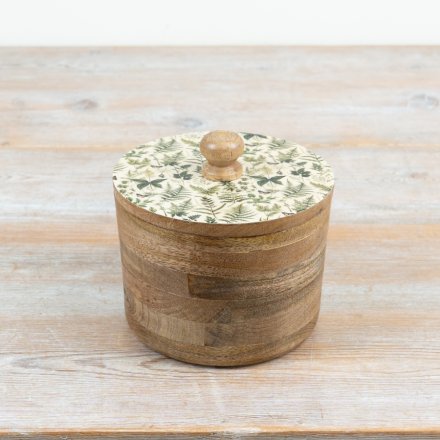 a charming wooden pot with enamel fern design lid 