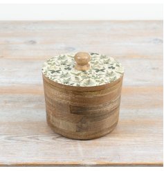 a charming wooden pot with enamel fern design lid 
