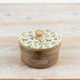 elegant botanical wooden storage pot featuring a green fern and butterfly print