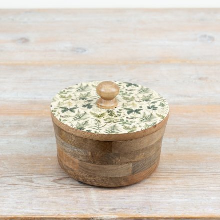 elegant wooden storage pot adorned with a vibrant fern and butterfly design