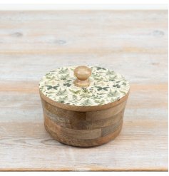 elegant wooden storage pot adorned with a vibrant fern and butterfly design