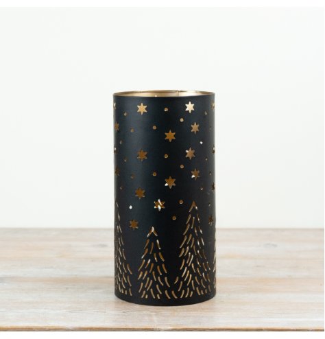 Elegant black and gold candle holder with a stylish cut-out design.