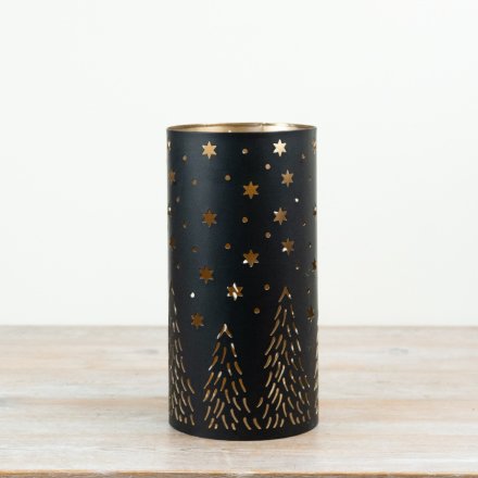 Elegant black and gold candle holder with a stylish cut-out design.