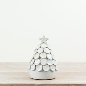 This decorative ceramic tree features a sculptural, layered design made up of softly rounded, petal-like details