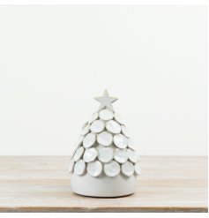 This decorative ceramic tree showcases textured layered detailing in a glossy white finish.