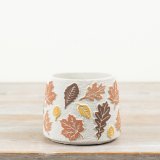 Textured cement planter featuring a raised leaf pattern in warm autumnal shades.