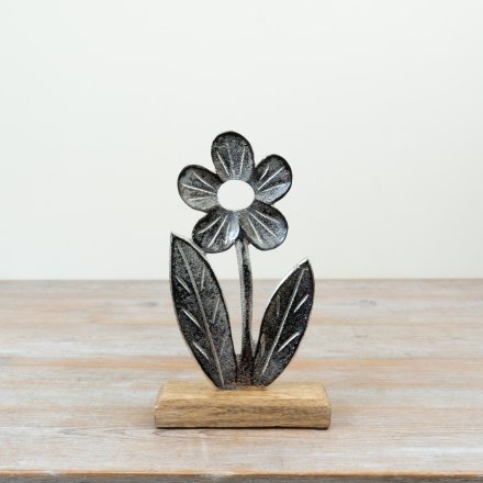 Aluminium & Wood Flower Ornament, 14cm 