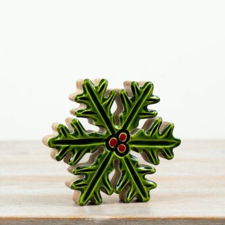 Mango Wood & Enamel Holly Decoration