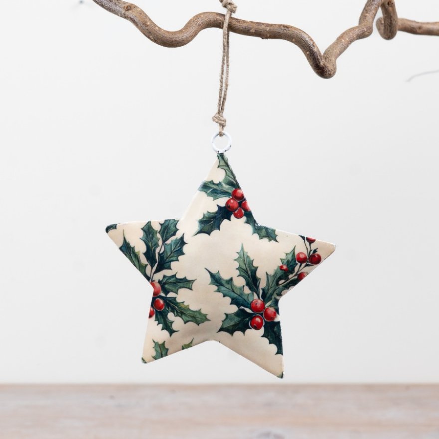 11cm Holly Print Metal Star Decoration