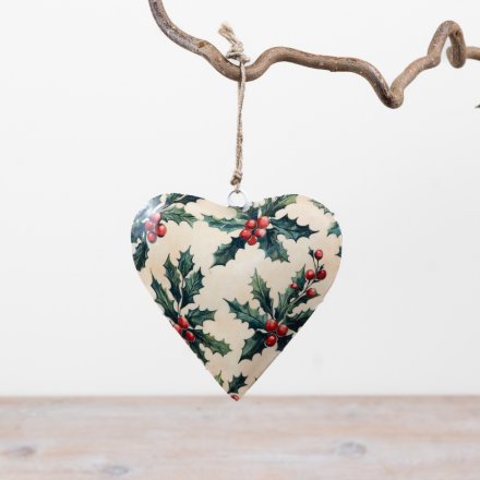 10cm Metal Hanging Heart w/ Holly Design