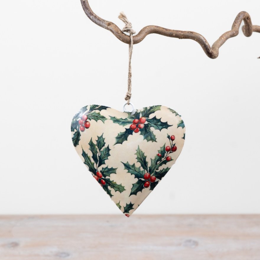 10cm Holly Print Metal Heart Decoration