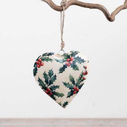 8cm Metal Hanging Heart w/ Holly Design