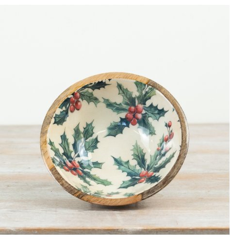 Wholesale mango wood bowl, festive holly berry serving bowl, rustic Christmas table décor, holiday centerpiece.
